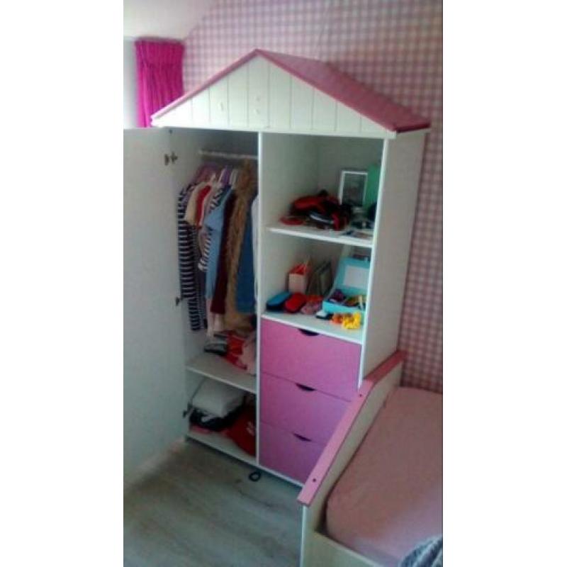 Wit roze slaapkamer set:bed,kledingkast, nachtkastje