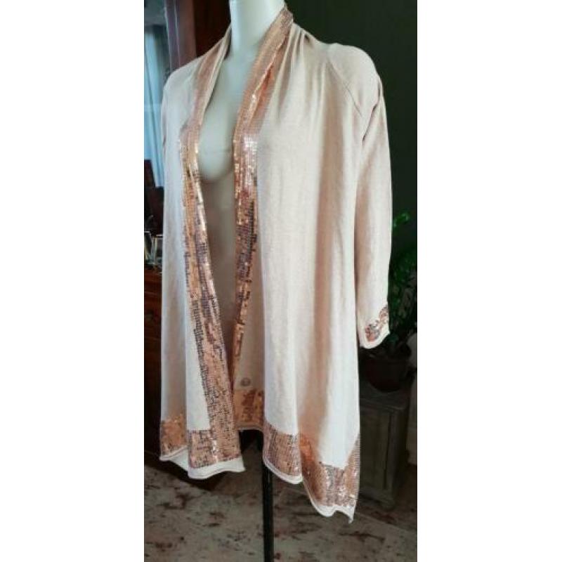 ZGAN schitterend GLAMOROUS paillet beige vest strik S 36