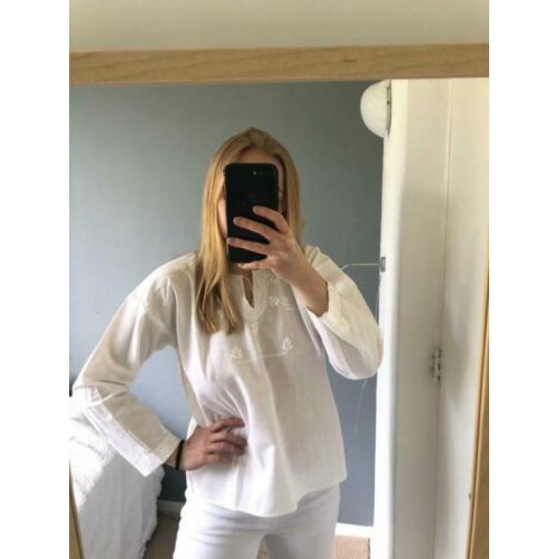 Katoenen top tuniek blouse wit kant borduur