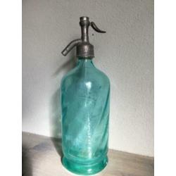 Franse Brocante spuitfles groen opdruk sodafles sifon