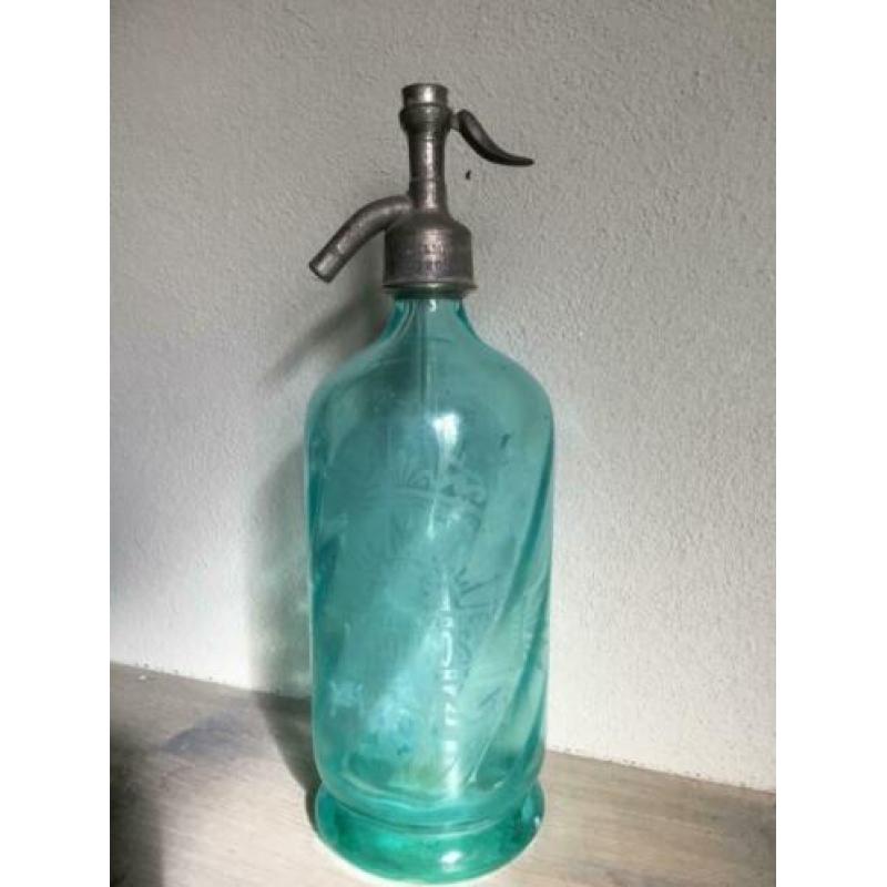 Franse Brocante spuitfles groen opdruk sodafles sifon