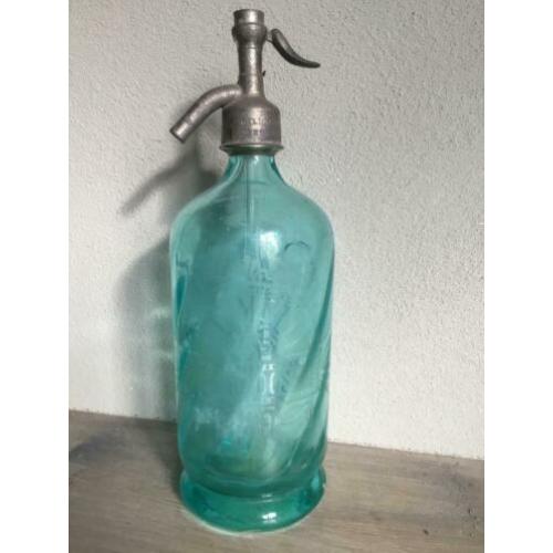 Franse Brocante spuitfles groen opdruk sodafles sifon