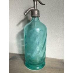 Franse Brocante spuitfles groen opdruk sodafles sifon