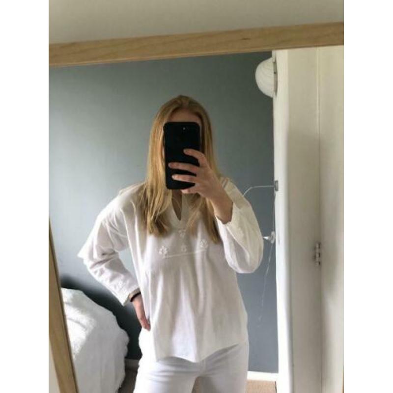 Katoenen top tuniek blouse wit kant borduur