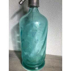 Franse Brocante spuitfles groen opdruk sodafles sifon