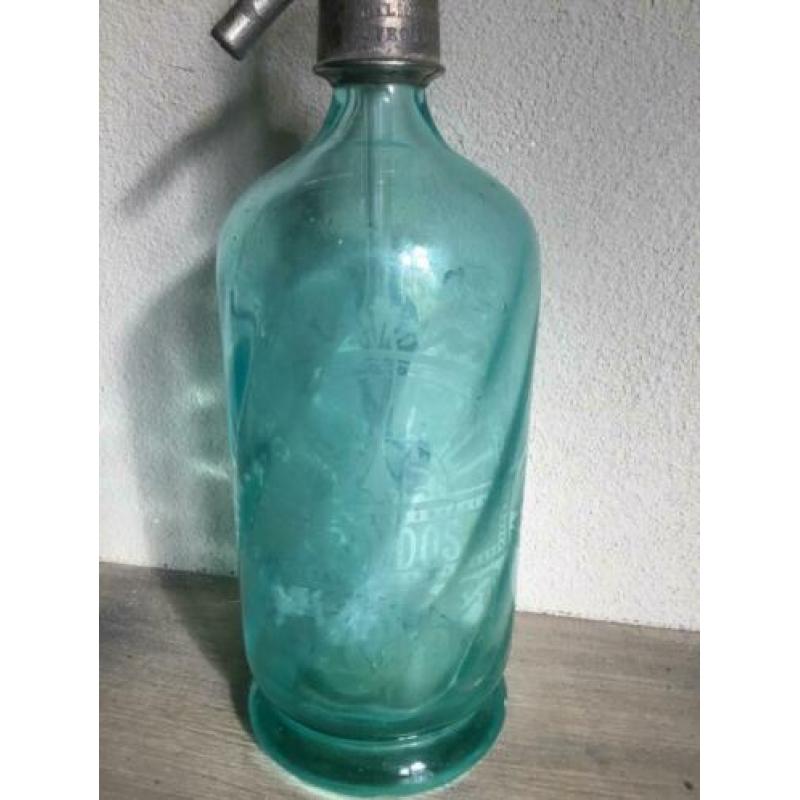 Franse Brocante spuitfles groen opdruk sodafles sifon