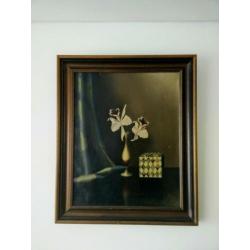 Olieverf schilderij Tilly Moes , bloemvoorstelling op tafel