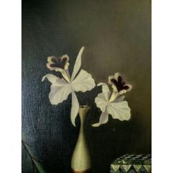 Olieverf schilderij Tilly Moes , bloemvoorstelling op tafel