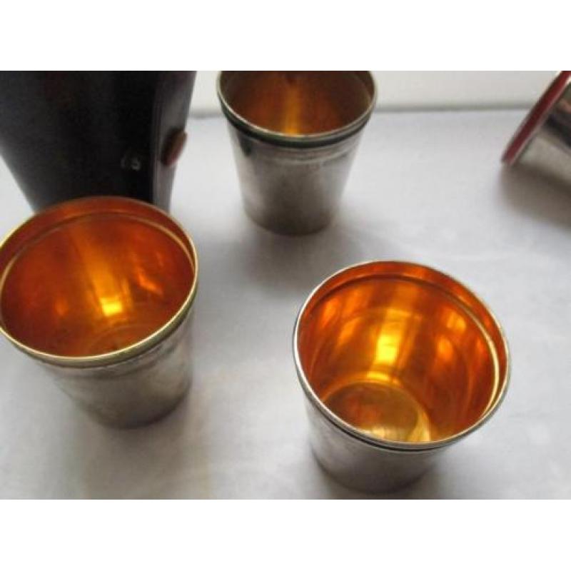 Antieke Zilver kleur Shotglaasjes~Leren Hoesje~Metalen Borre