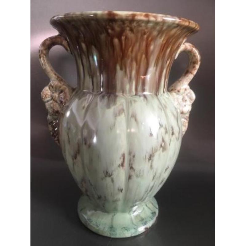 mooie artdeco stijl glazed double handled mintgroene vaas