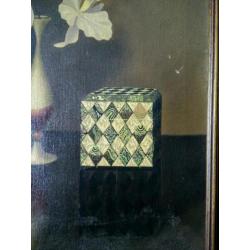 Olieverf schilderij Tilly Moes , bloemvoorstelling op tafel