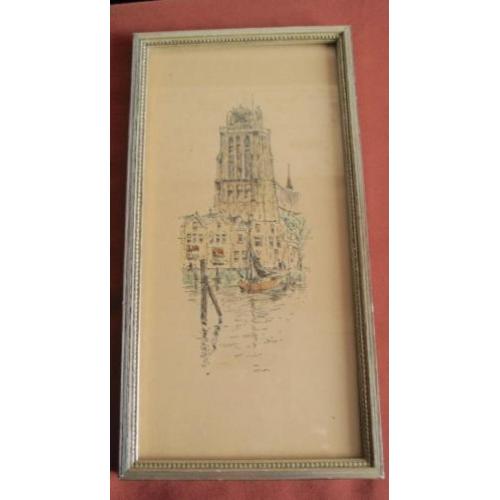 Kleine ingelijste tekening ?van de grote kerk van dordrecht