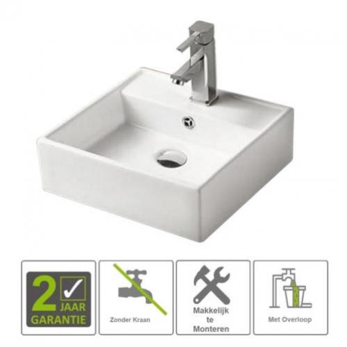 BWS Freya Wastafel Keramiek 385x385x130cm Vierkant Wit (m...